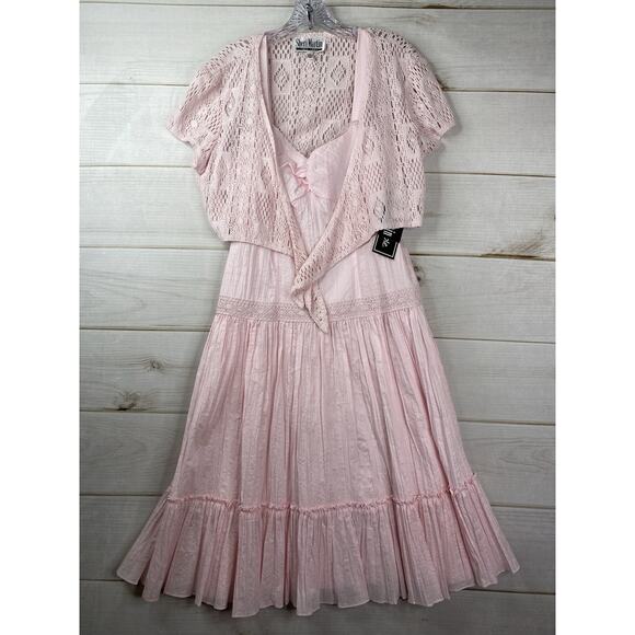 VTG Sheri Martin Dress Womens 12 Pink Crochet Cardigan Pleated Coquette Fairy - Picture 1 of 16